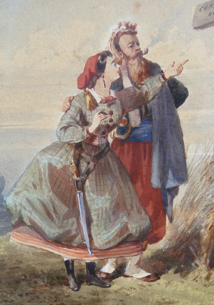 Aquarelle Epoque Napoléon III Scene comique , Zouave & Robe à crinoline , Style Honoré Daumier-photo-4