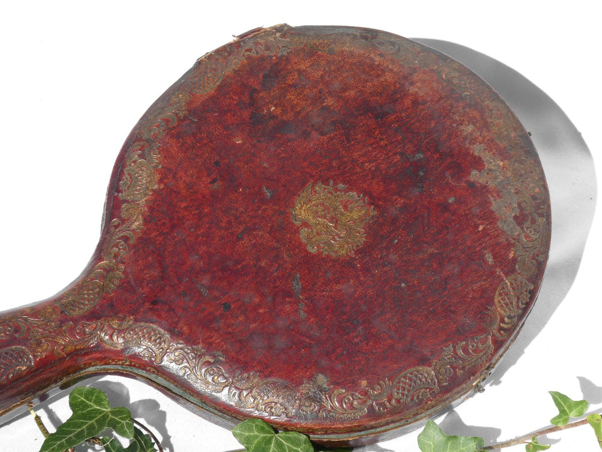 Etui En cuir XVIIIe , Maroquin Aux Petits Fers , Ecrin à Miroir Face à Main , Louis XV -photo-2