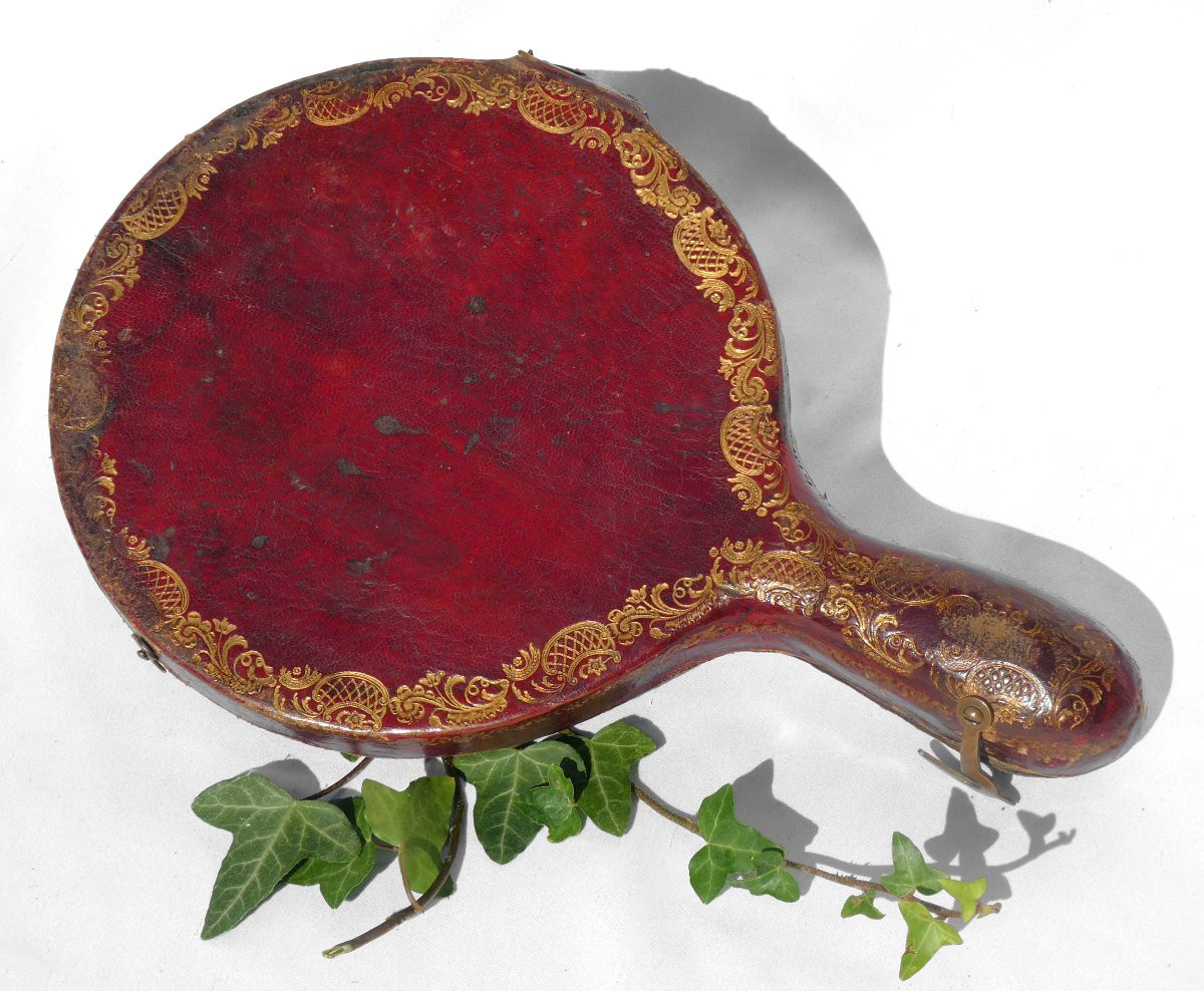 Etui En cuir XVIIIe , Maroquin Aux Petits Fers , Ecrin à Miroir Face à Main , Louis XV -photo-4