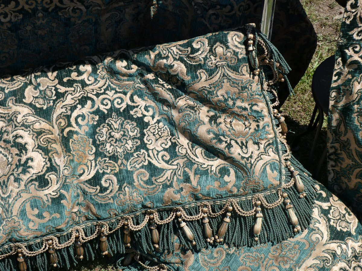 Large Napoleon III Style Bench Cushion, Copper & Green Jacquard, Prelle Trimmings -photo-2