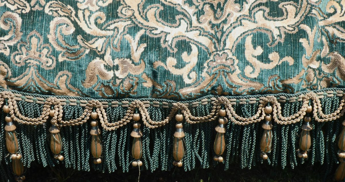 Large Napoleon III Style Bench Cushion, Copper & Green Jacquard, Prelle Trimmings -photo-3