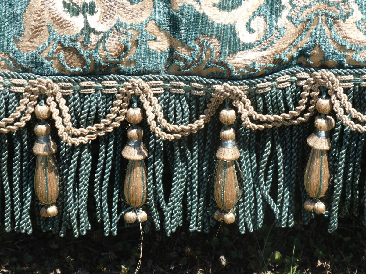 Large Napoleon III Style Bench Cushion, Copper & Green Jacquard, Prelle Trimmings -photo-4