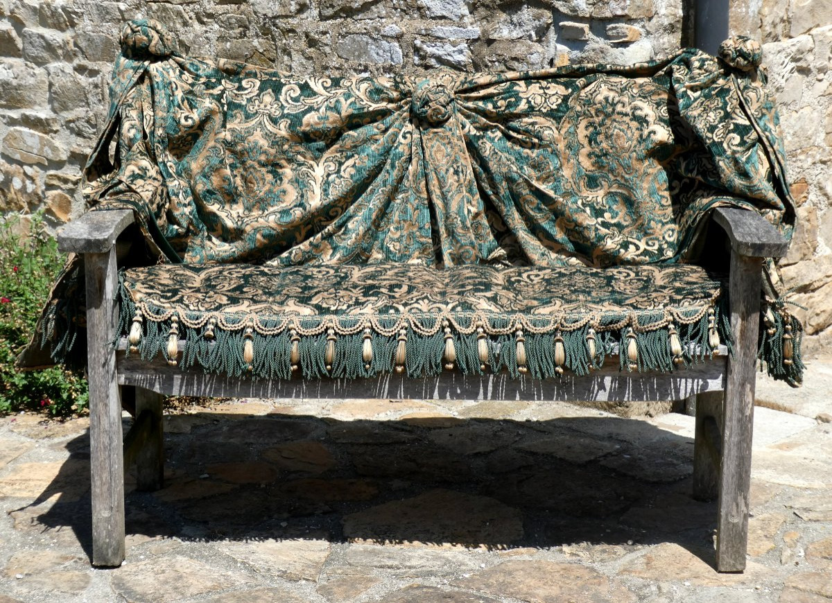 Large Napoleon III Style Bench Cushion, Copper & Green Jacquard, Prelle Trimmings -photo-3