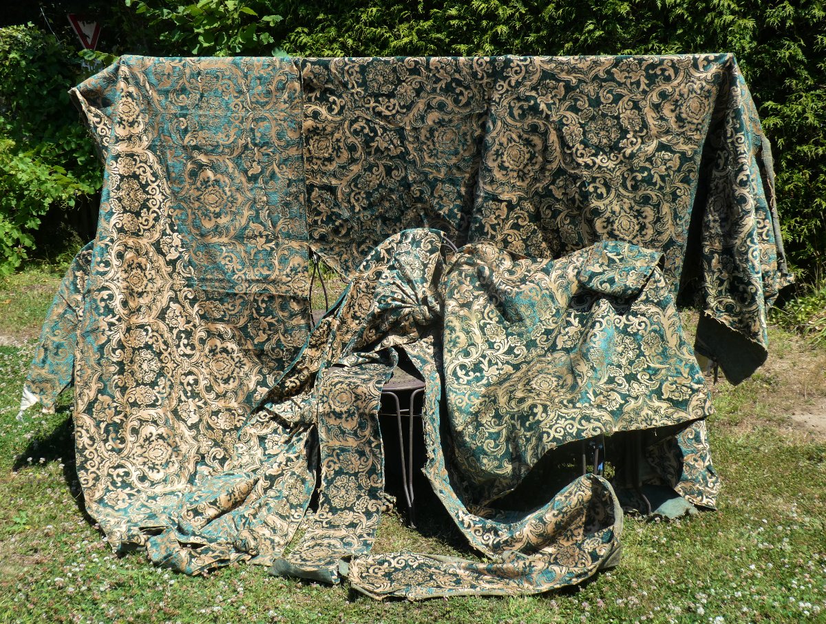 Large Napoleon III Style Bench Cushion, Copper & Green Jacquard, Prelle Trimmings -photo-5