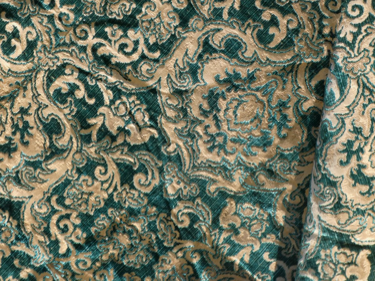 Large Napoleon III Style Bench Cushion, Copper & Green Jacquard, Prelle Trimmings -photo-6