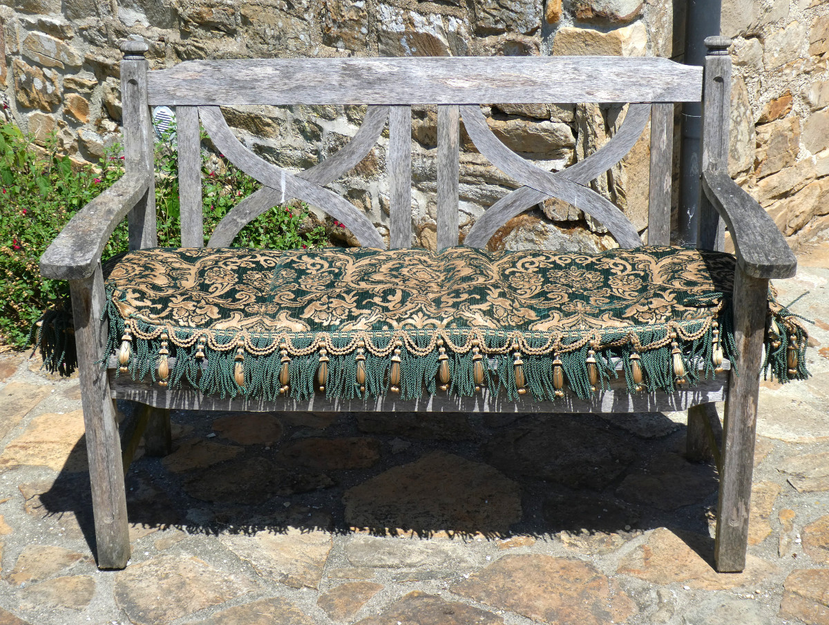 Large Napoleon III Style Bench Cushion, Copper & Green Jacquard, Prelle Trimmings 