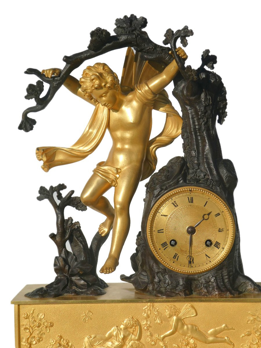 Pendule En Bronze Doré époque Restauration Scène Mythologique Zephyr XIXe 1815 Dieu Du Vent-photo-3