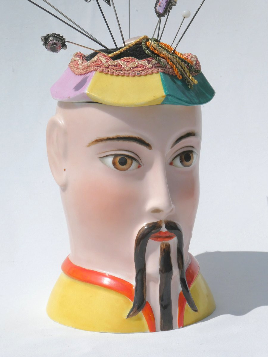 Hat Pin Holder, Chinese Head, Limoges Porcelain, 1900, Tea/tobacco Box-photo-3