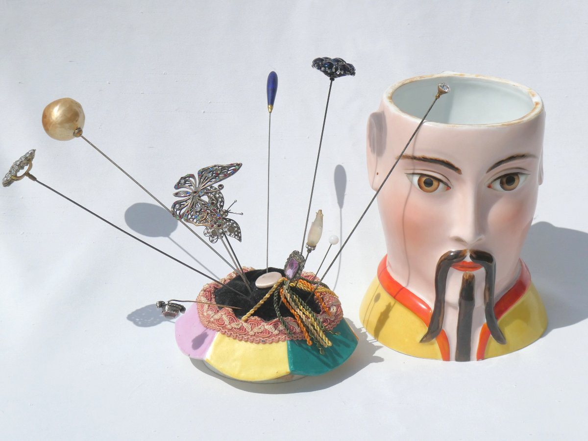Hat Pin Holder, Chinese Head, Limoges Porcelain, 1900, Tea/tobacco Box-photo-4