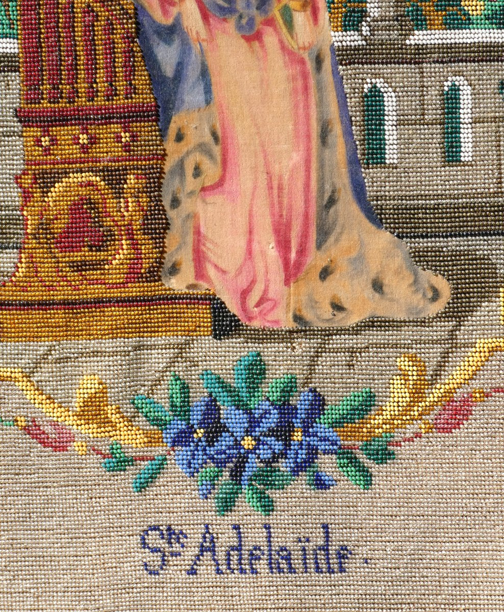 Grande Broderie De Perles En Sablé Sainte Adelaide époque Napoleon III Decoration XIXe Peinture-photo-3
