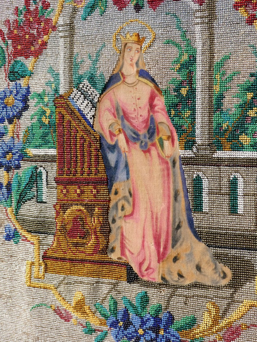 Grande Broderie De Perles En Sablé Sainte Adelaide époque Napoleon III Decoration XIXe Peinture-photo-1