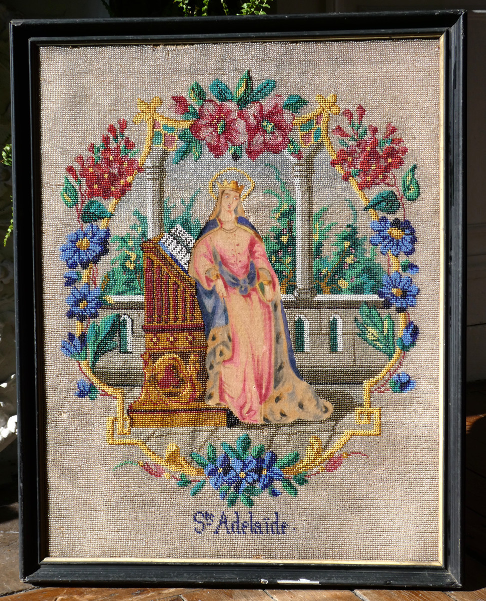 Grande Broderie De Perles En Sablé Sainte Adelaide époque Napoleon III Decoration XIXe Peinture