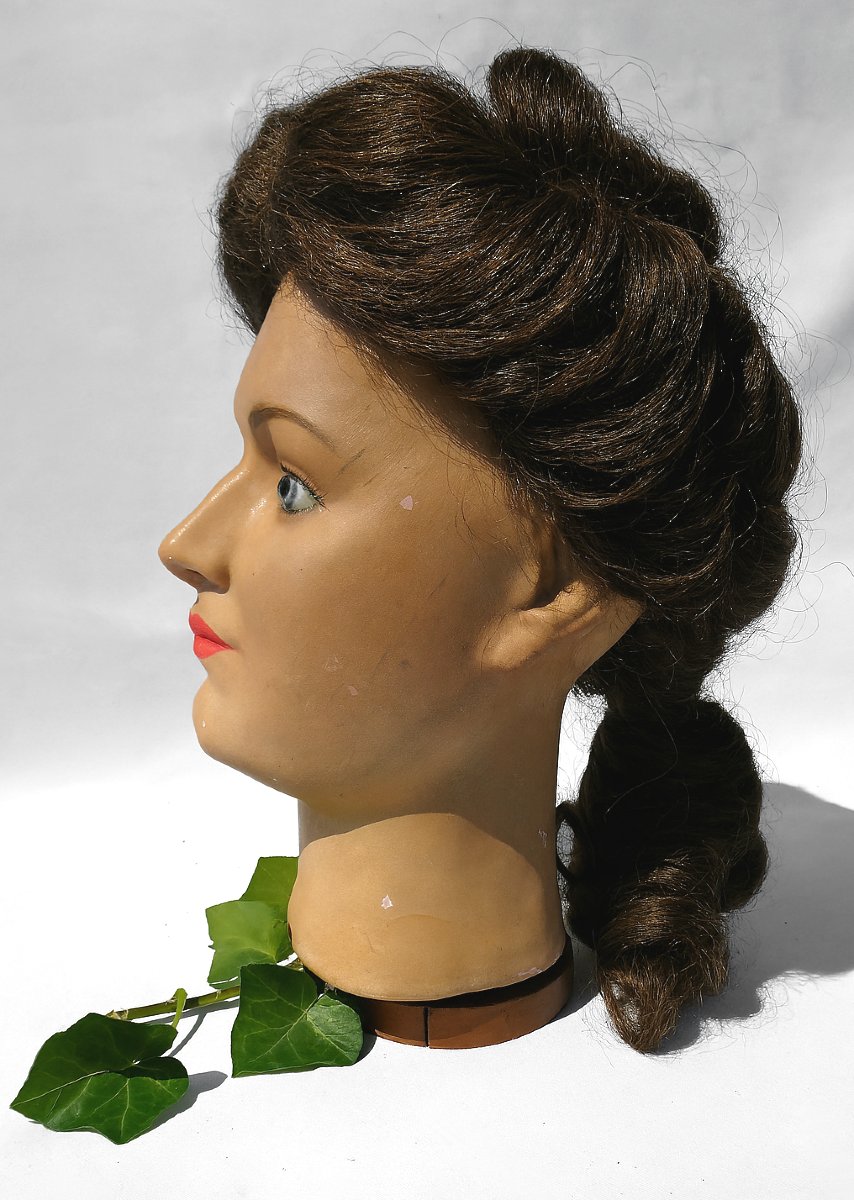 Late 19th Century Marotte, Papier Mache Mannequin Head, Sulphide Eyes, Stockman Wig-photo-2