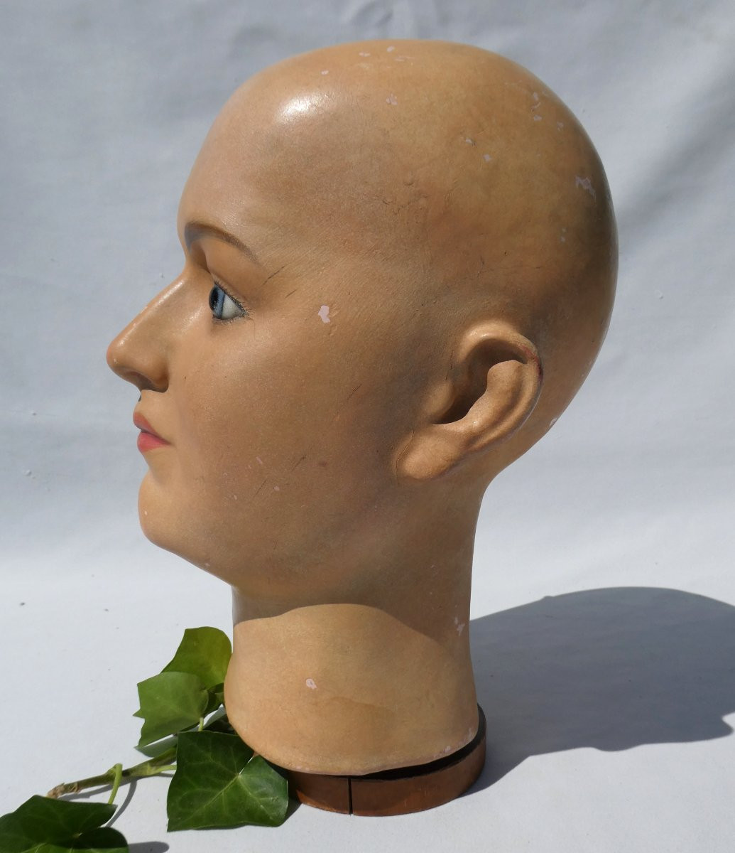 Late 19th Century Marotte, Papier Mache Mannequin Head, Sulphide Eyes, Stockman Wig-photo-3