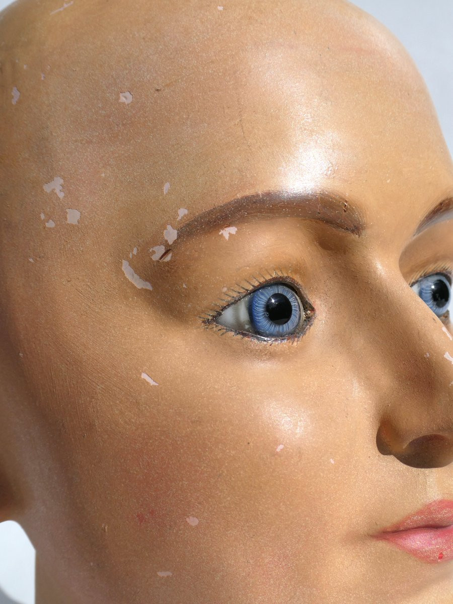 Late 19th Century Marotte, Papier Mache Mannequin Head, Sulphide Eyes, Stockman Wig-photo-1