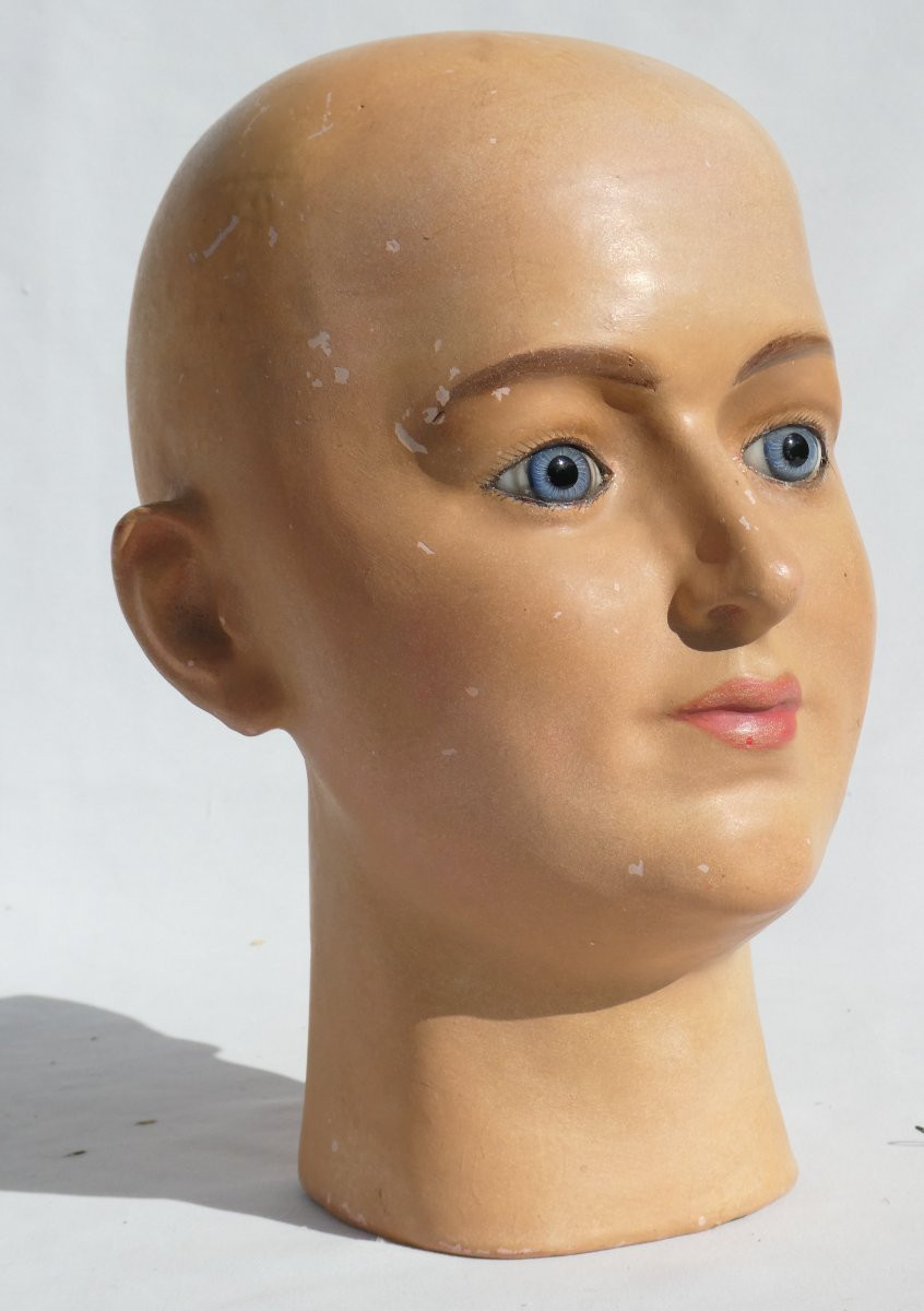 Late 19th Century Marotte, Papier Mache Mannequin Head, Sulphide Eyes, Stockman Wig-photo-4