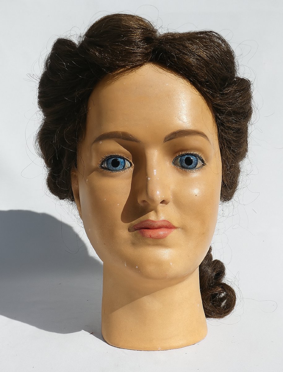 Late 19th Century Marotte, Papier Mache Mannequin Head, Sulphide Eyes, Stockman Wig-photo-5
