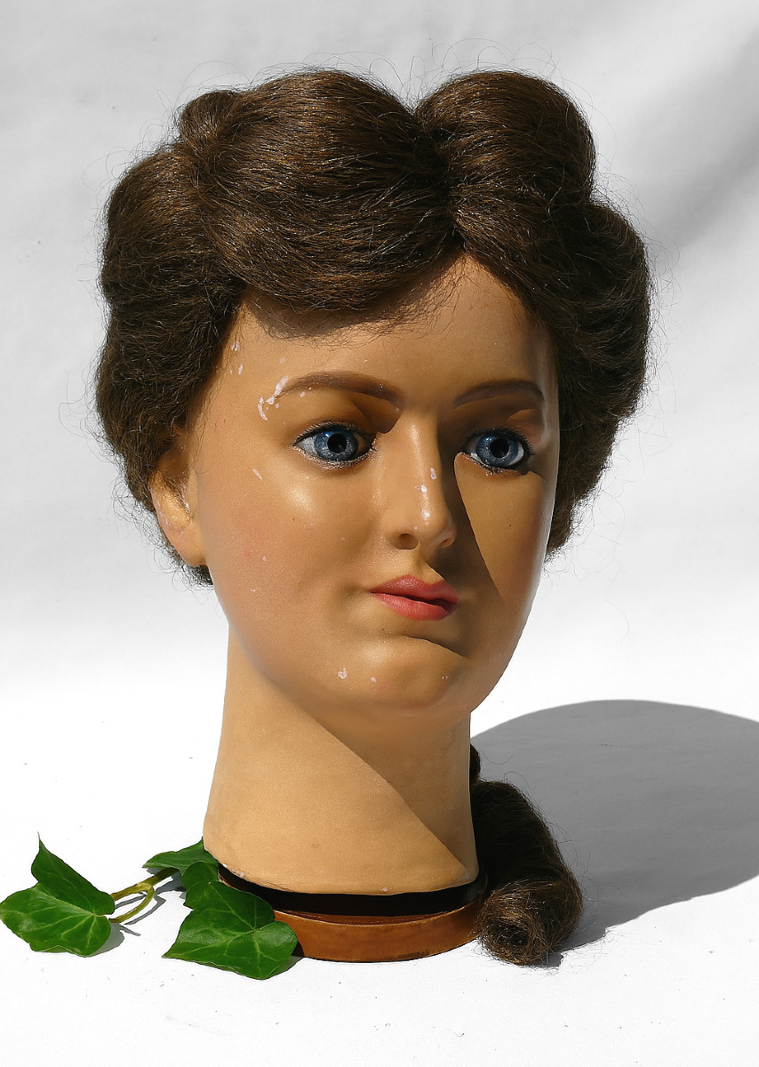 Late 19th Century Marotte, Papier Mache Mannequin Head, Sulphide Eyes, Stockman Wig