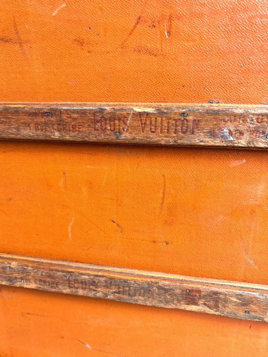 Malle Courrier Louis Vuitton , Paris , Coffre de Voyage 1900 / 1910 Orange Maroquinerie  -photo-8