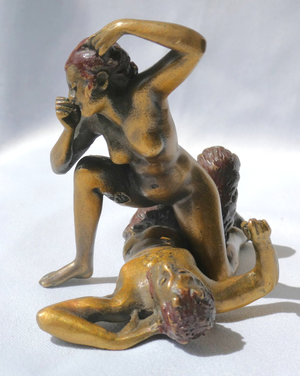 Pair Of Vienna Bronze Subjects Franz Xavier Bergmann, Faun / Satyr, Young Nude Woman 19th Century-photo-2