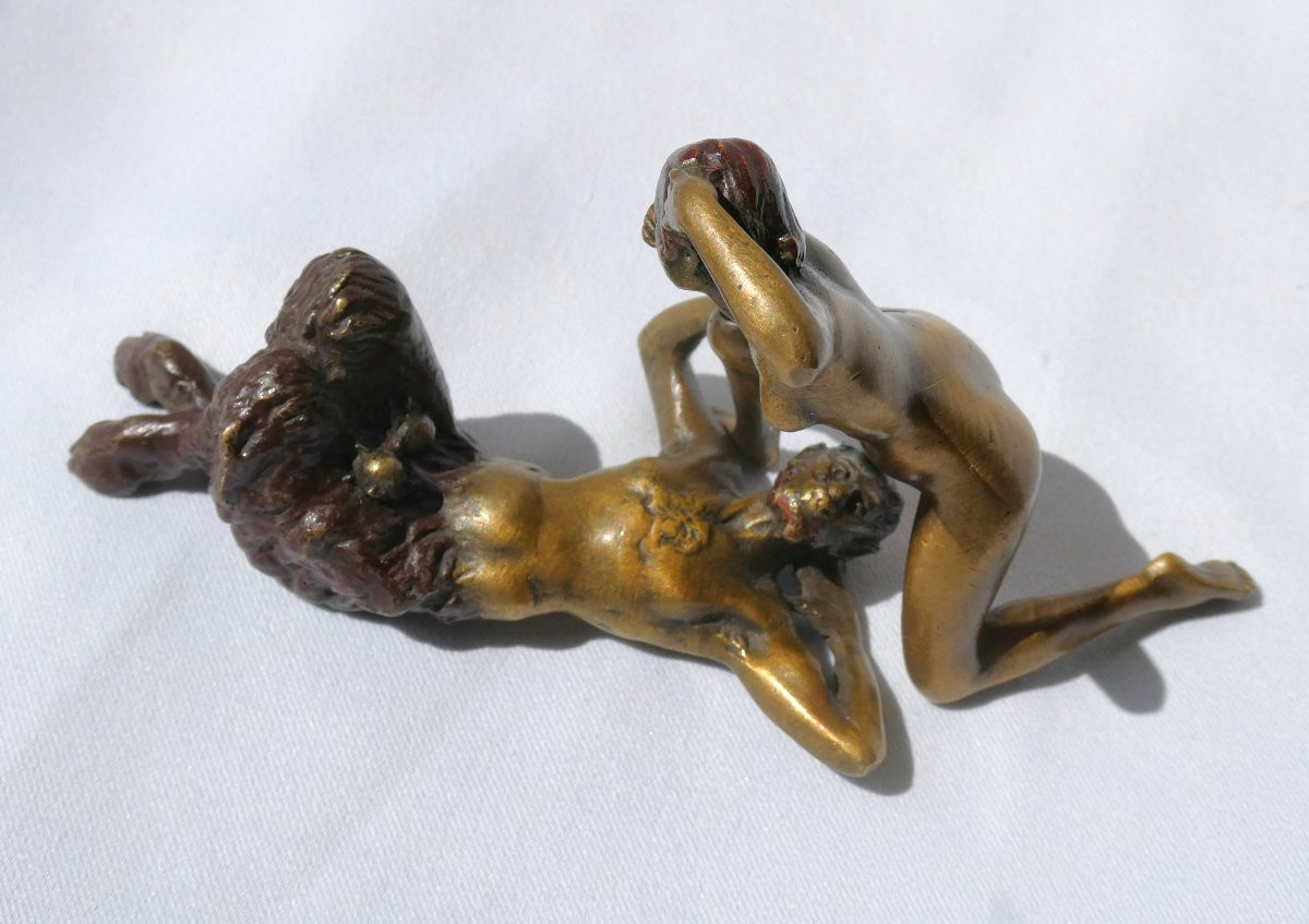 Pair Of Vienna Bronze Subjects Franz Xavier Bergmann, Faun / Satyr, Young Nude Woman 19th Century-photo-4
