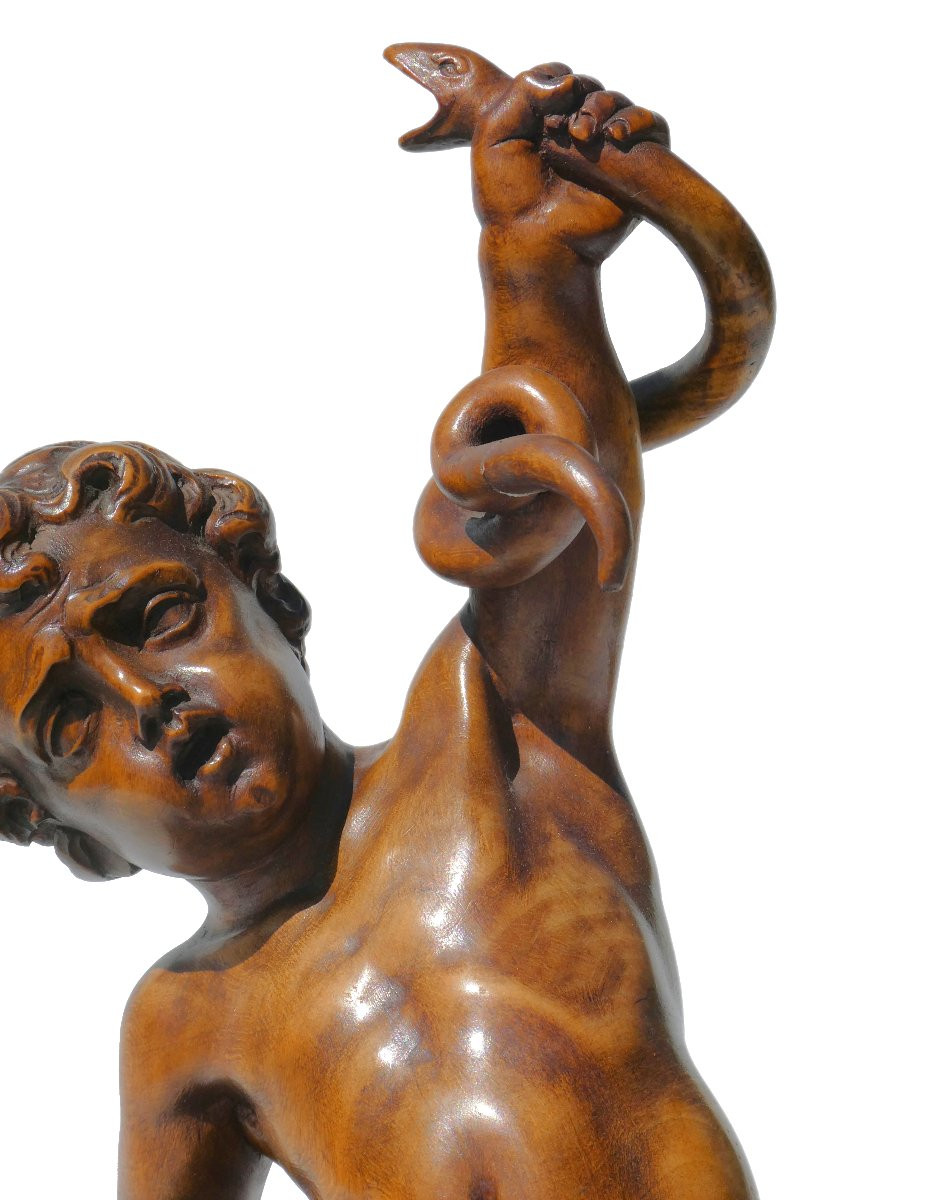Mythological Wooden Sculpture, Wooden Hercules Overcoming The Snakes, 19th Grand Tour 1830-photo-3
