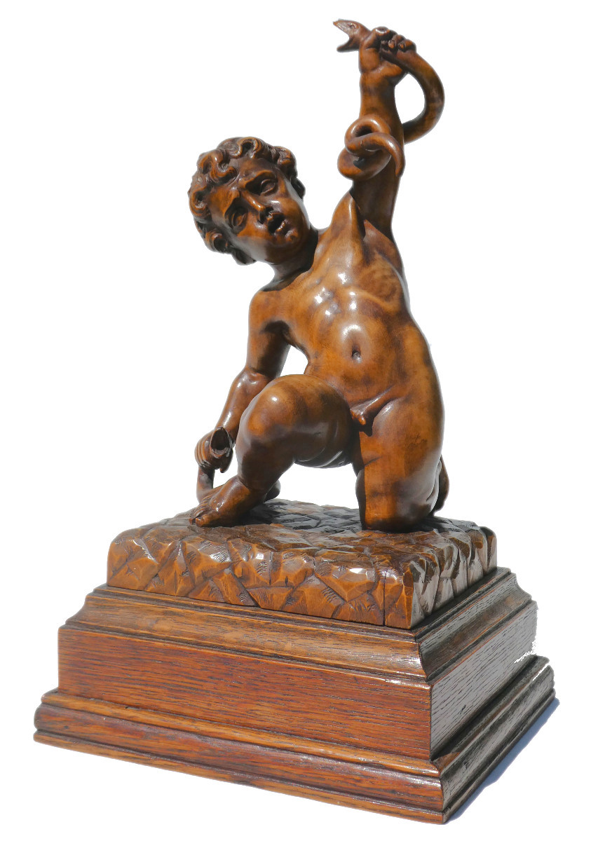 Mythological Wooden Sculpture, Wooden Hercules Overcoming The Snakes, 19th Grand Tour 1830