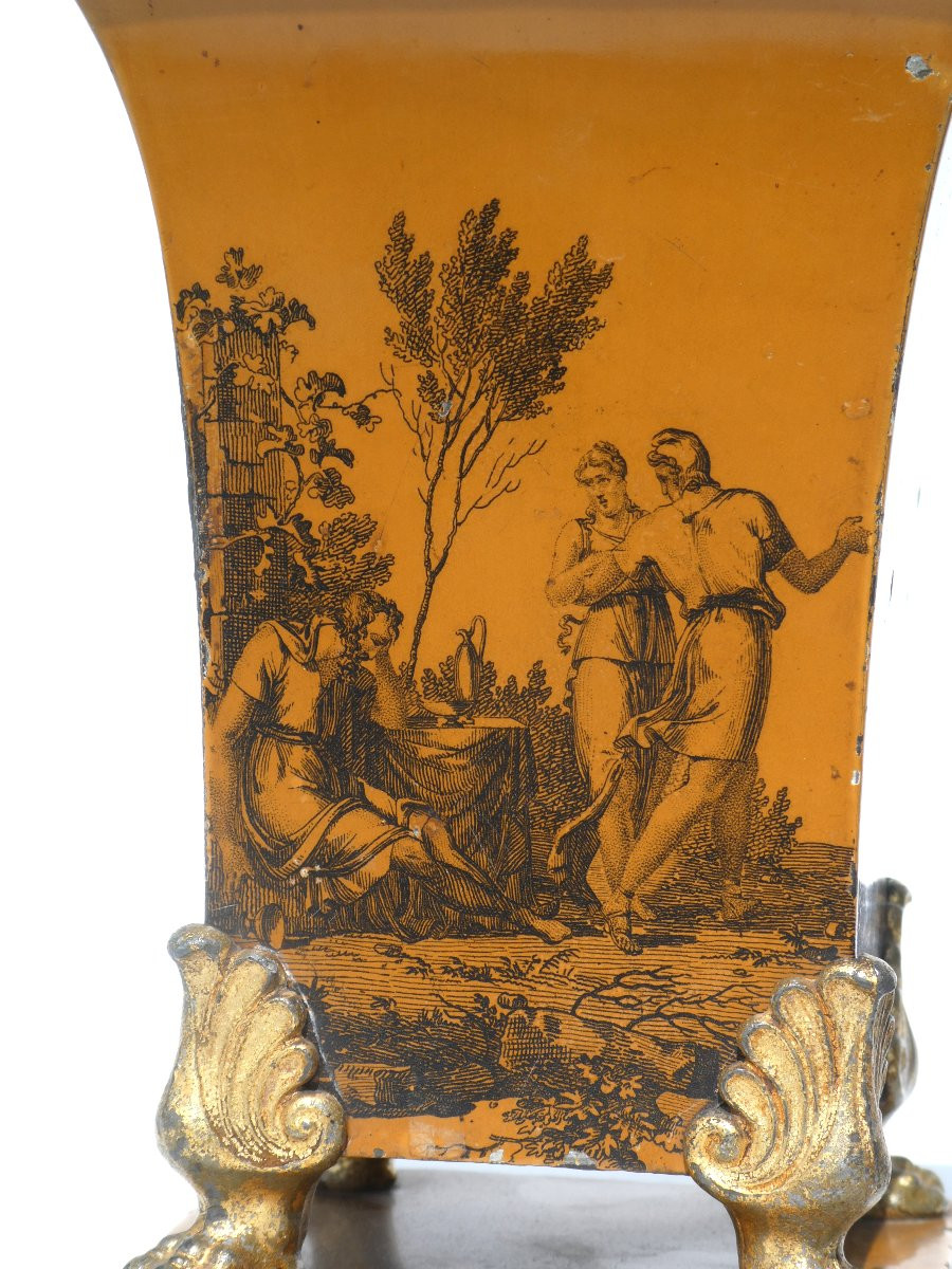 Pair Of Lithographed Sheet Metal Vases, Mythological Scenes, Directoire Period, 18th Century -photo-2