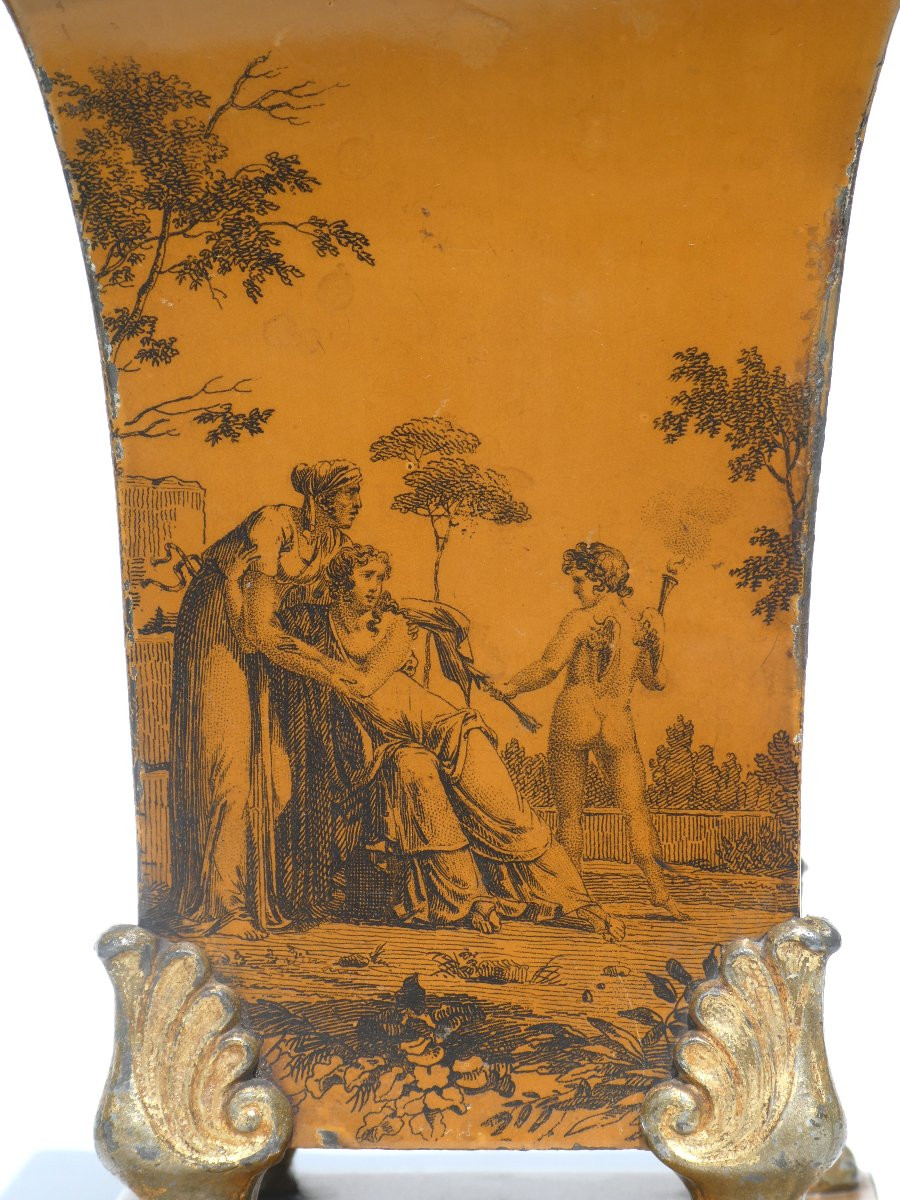 Pair Of Lithographed Sheet Metal Vases, Mythological Scenes, Directoire Period, 18th Century -photo-3
