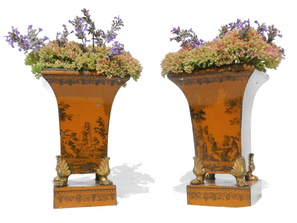 Pair Of Lithographed Sheet Metal Vases, Mythological Scenes, Directoire Period, 18th Century -photo-8