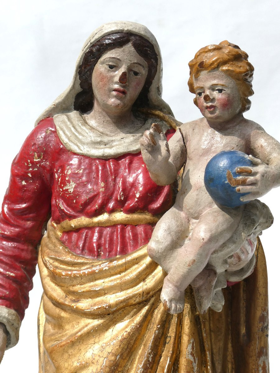 Polychrome Wooden Sculpture, Virgin And Child, Salvatore Mundi, 18th Century Reliquary-photo-3
