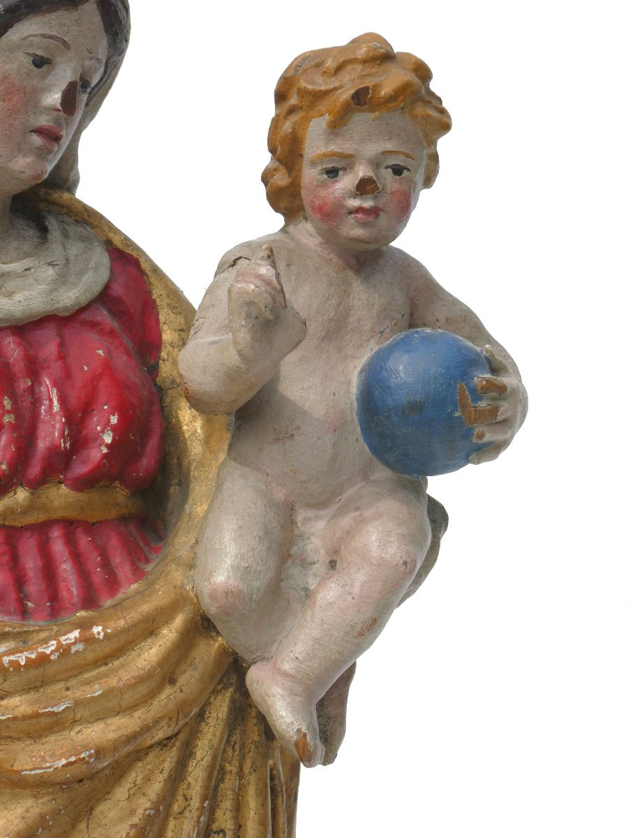 Polychrome Wooden Sculpture, Virgin And Child, Salvatore Mundi, 18th Century Reliquary-photo-4
