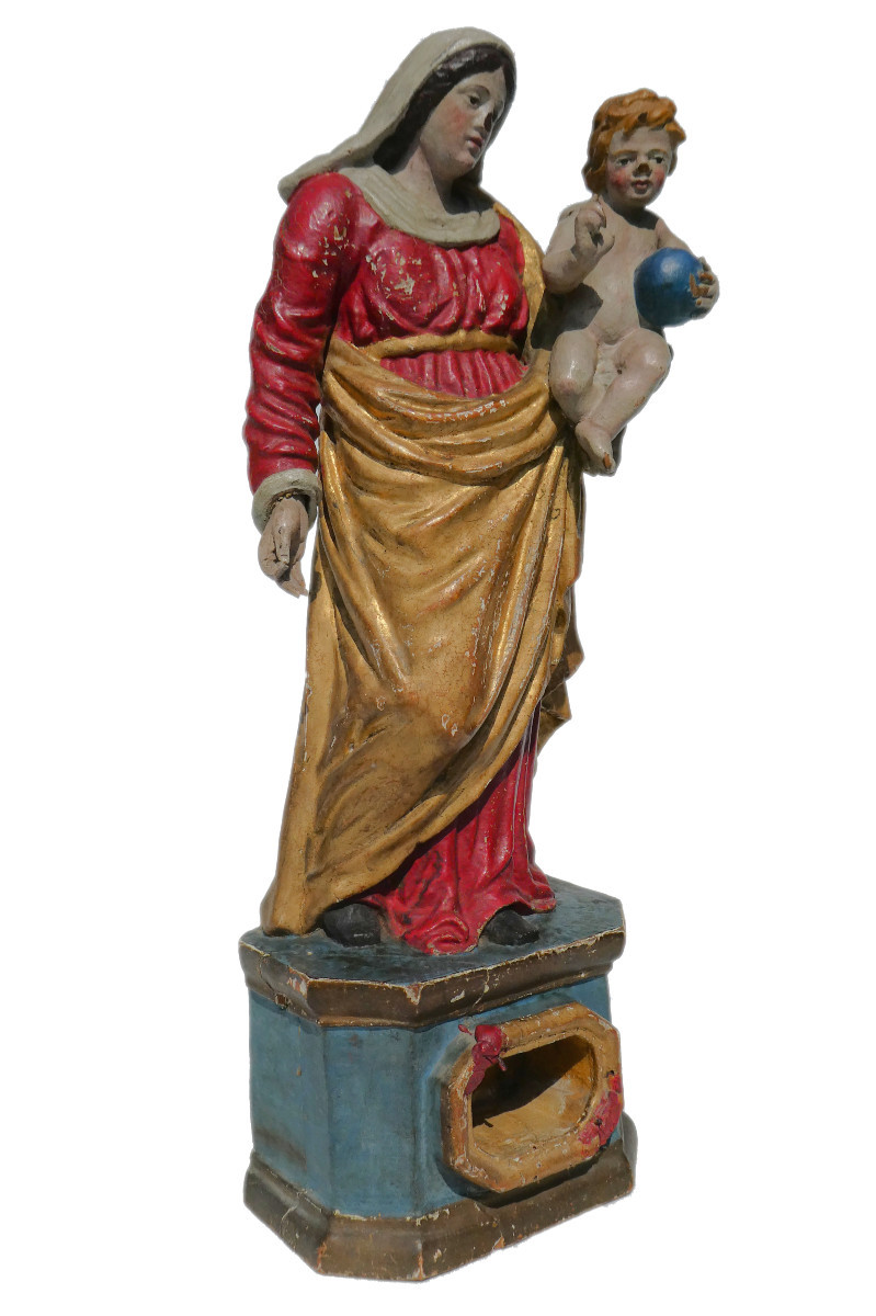 Polychrome Wooden Sculpture, Virgin And Child, Salvatore Mundi, 18th Century Reliquary