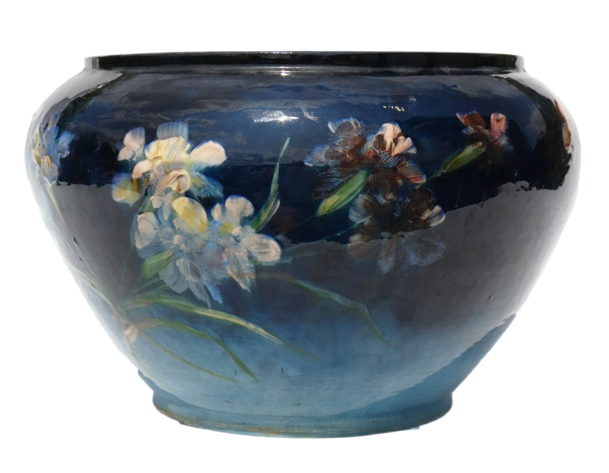 Grand Cache Pot Faience Impressionniste Montigny Sur Loing Signé Charles Virion XIXe Barbotine-photo-4