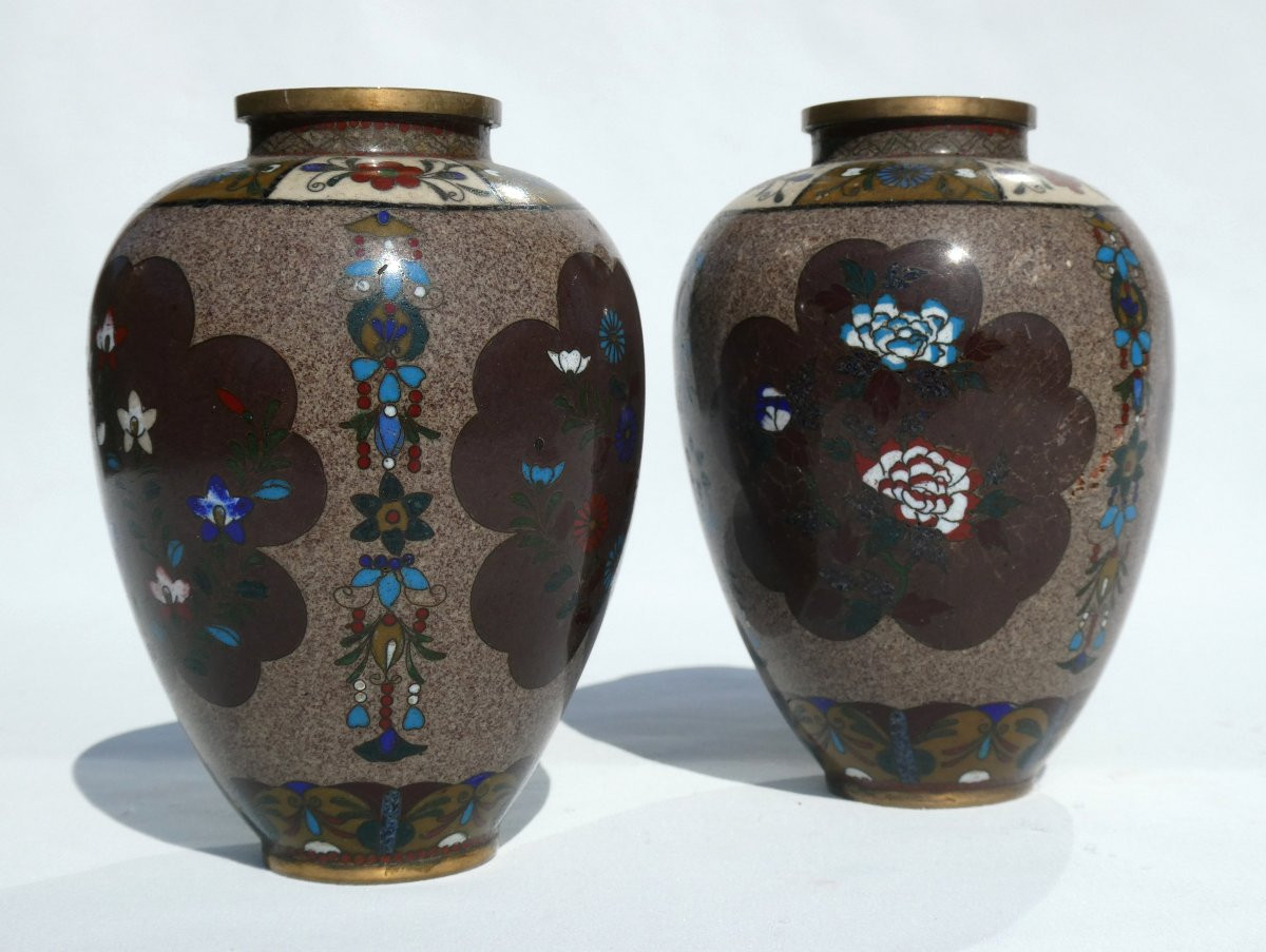 Pair Of Cloisonné Bronze Vases, 1900s, Art Nouveau Decor, Asia, 19th Century, Japan/china Vase-photo-3