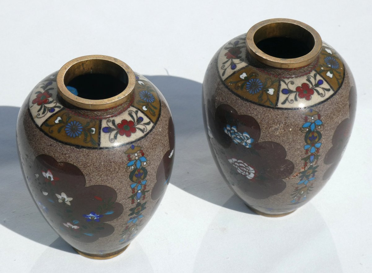 Pair Of Cloisonné Bronze Vases, 1900s, Art Nouveau Decor, Asia, 19th Century, Japan/china Vase-photo-4