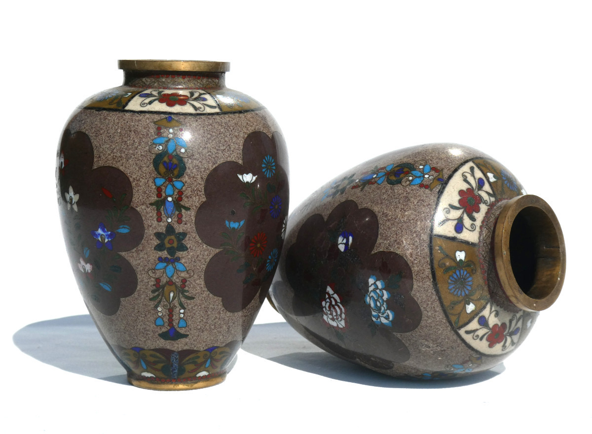 Pair Of Cloisonné Bronze Vases, 1900s, Art Nouveau Decor, Asia, 19th Century, Japan/china Vase