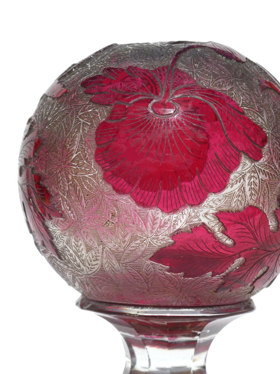 Boule De Rampe D'Escalier XIXe , Cristal De Saint Louis , Rose Fushia , Degagé à L'Acide -photo-3
