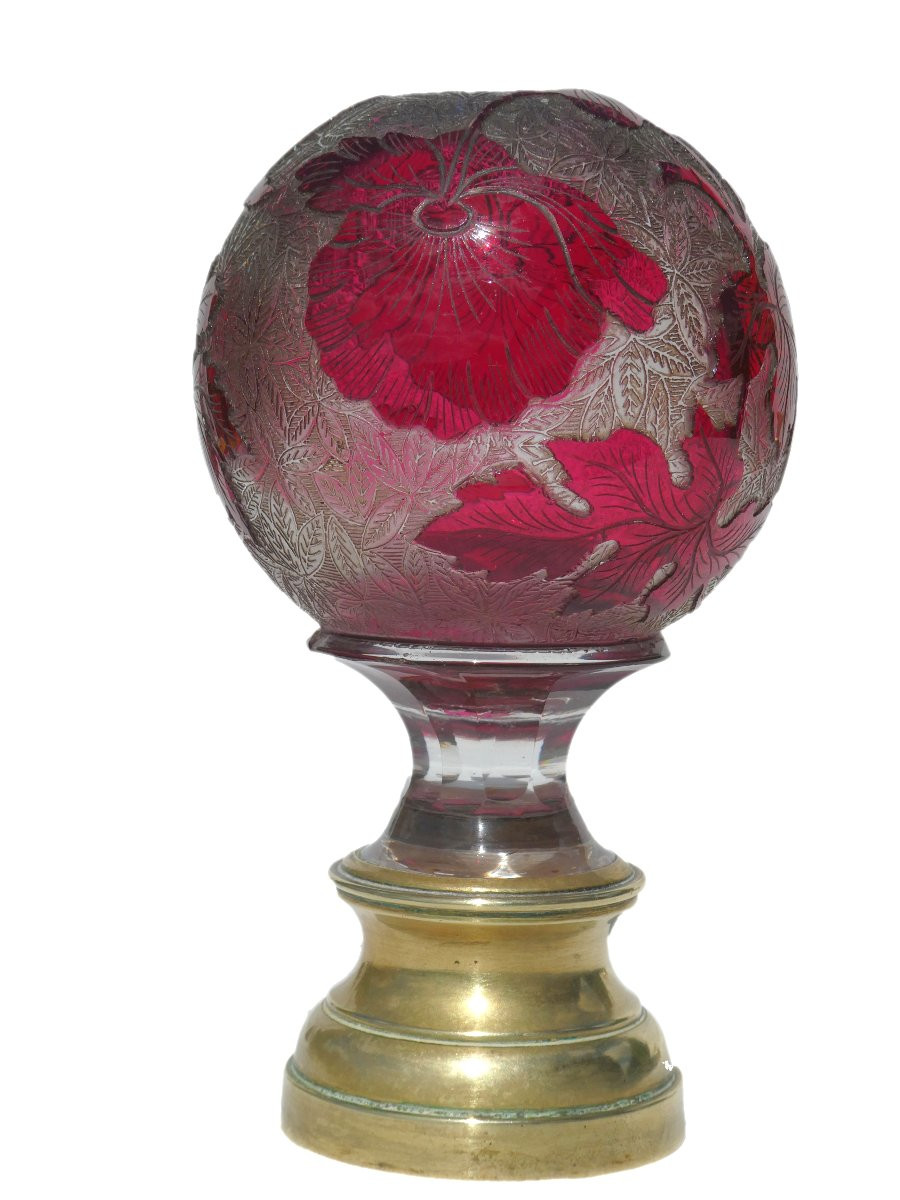 Boule De Rampe D'Escalier XIXe , Cristal De Saint Louis , Rose Fushia , Degagé à L'Acide -photo-1
