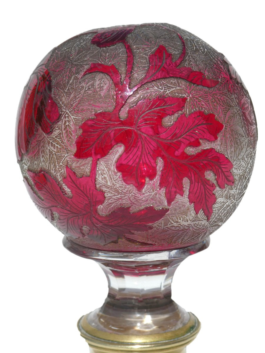 Boule De Rampe D'Escalier XIXe , Cristal De Saint Louis , Rose Fushia , Degagé à L'Acide -photo-4