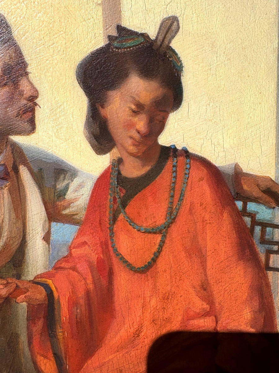 Oil On Orientalist Panel Signed Théodore Delamarre, Gallant Couple Asia / China 19th Century-photo-2