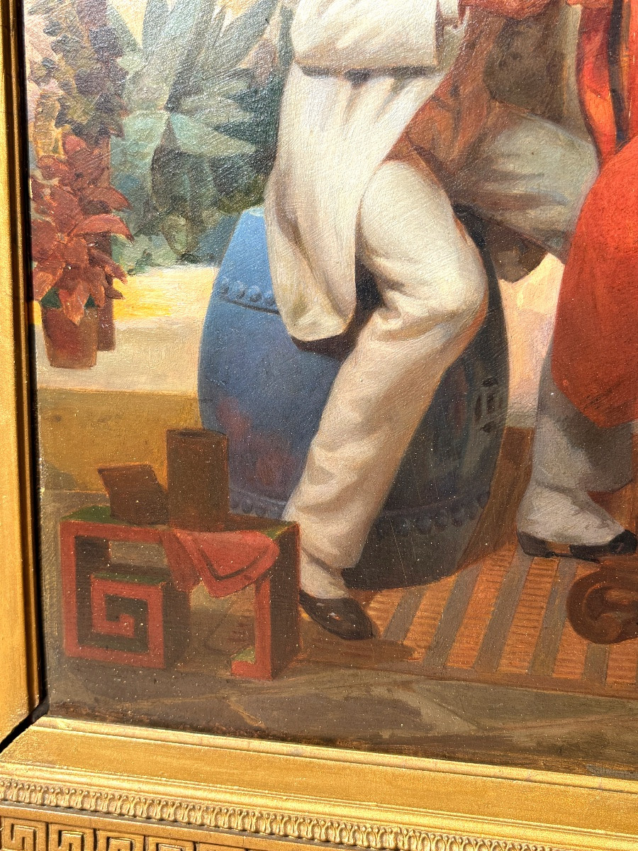 Oil On Orientalist Panel Signed Théodore Delamarre, Gallant Couple Asia / China 19th Century-photo-4