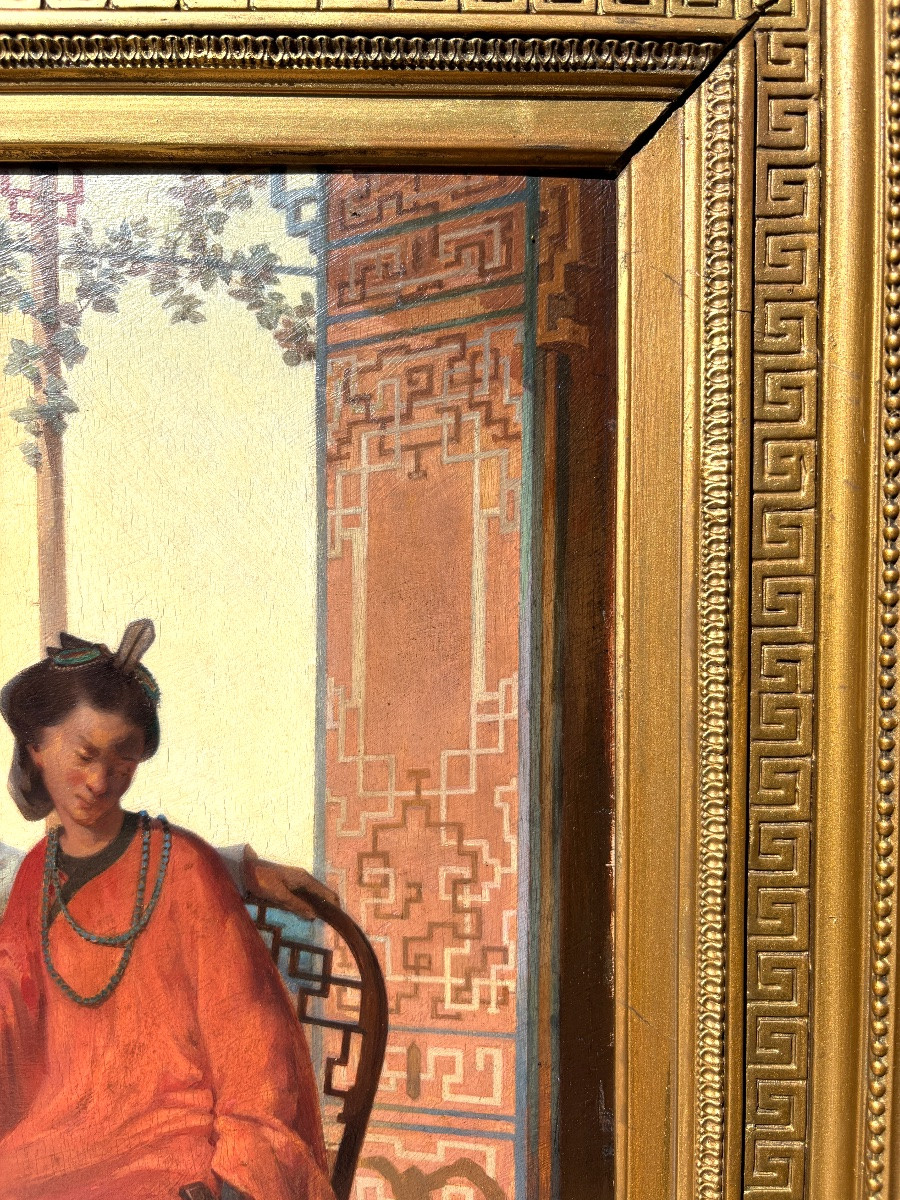 Oil On Orientalist Panel Signed Théodore Delamarre, Gallant Couple Asia / China 19th Century-photo-5