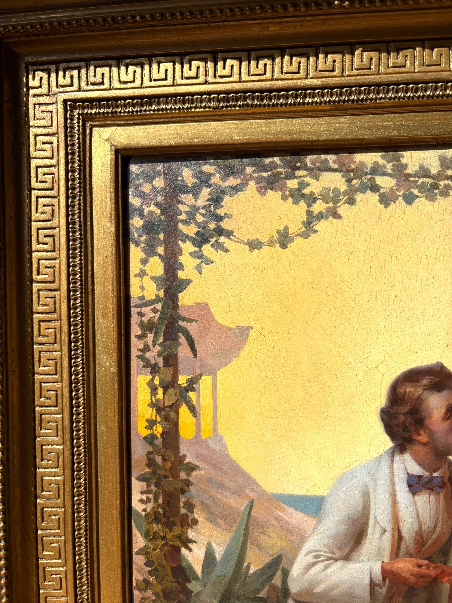 Oil On Orientalist Panel Signed Théodore Delamarre, Gallant Couple Asia / China 19th Century-photo-6