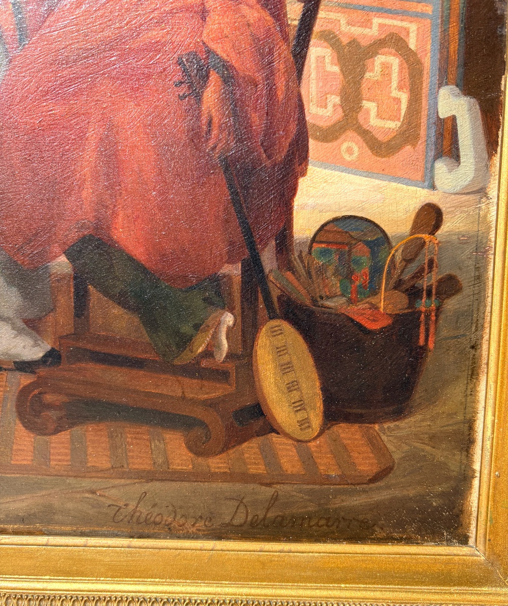 Oil On Orientalist Panel Signed Théodore Delamarre, Gallant Couple Asia / China 19th Century-photo-7