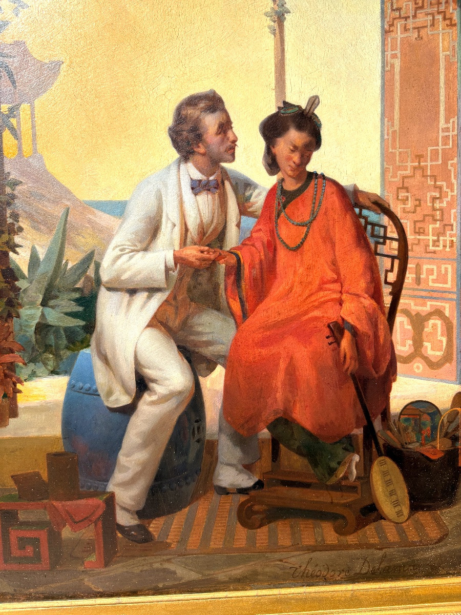 Oil On Orientalist Panel Signed Théodore Delamarre, Gallant Couple Asia / China 19th Century-photo-8