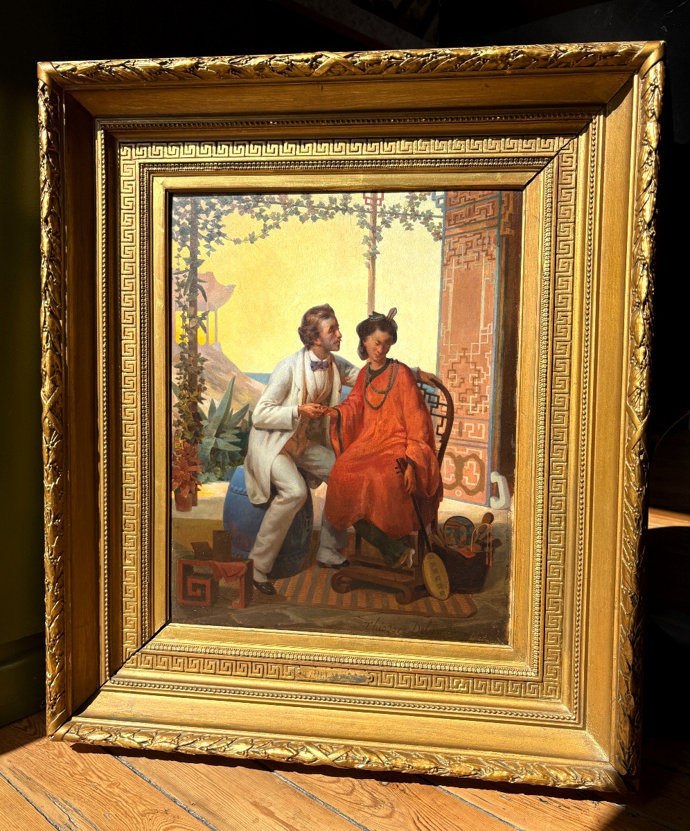 Oil On Orientalist Panel Signed Théodore Delamarre, Gallant Couple Asia / China 19th Century