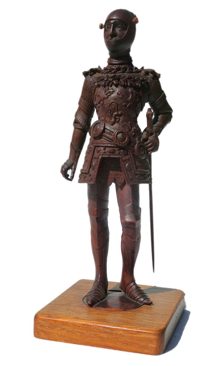 Chevalier En Bois Sculpté , Sculpture Buis XIXe Siecle Style Neo Gothique , XIXe , Napoléon III-photo-2