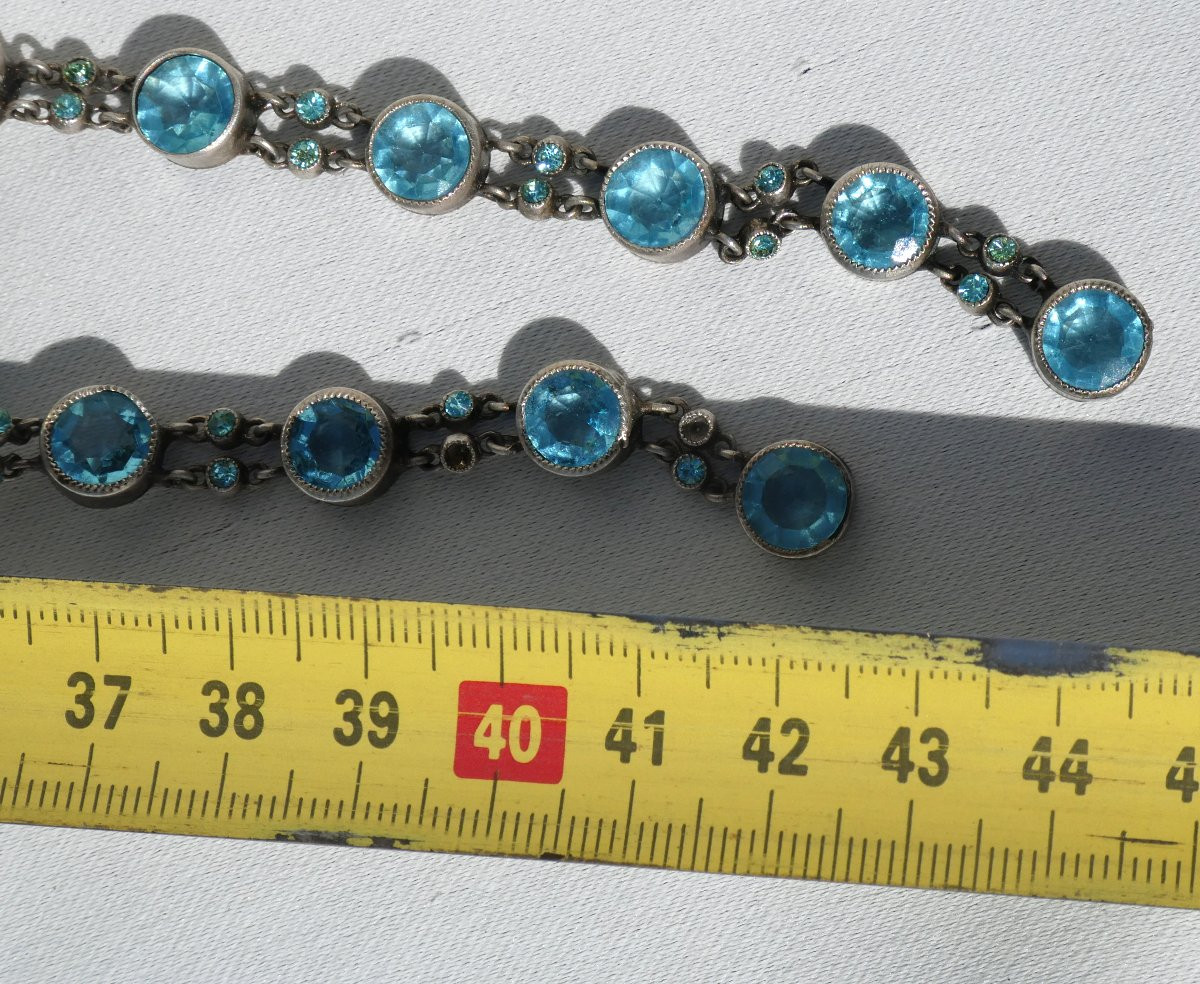 Collier Sautoir Epoque 1930 , Metal Argenté , Style Aigue Marine , Art Deco , Bijou De Soirée-photo-6