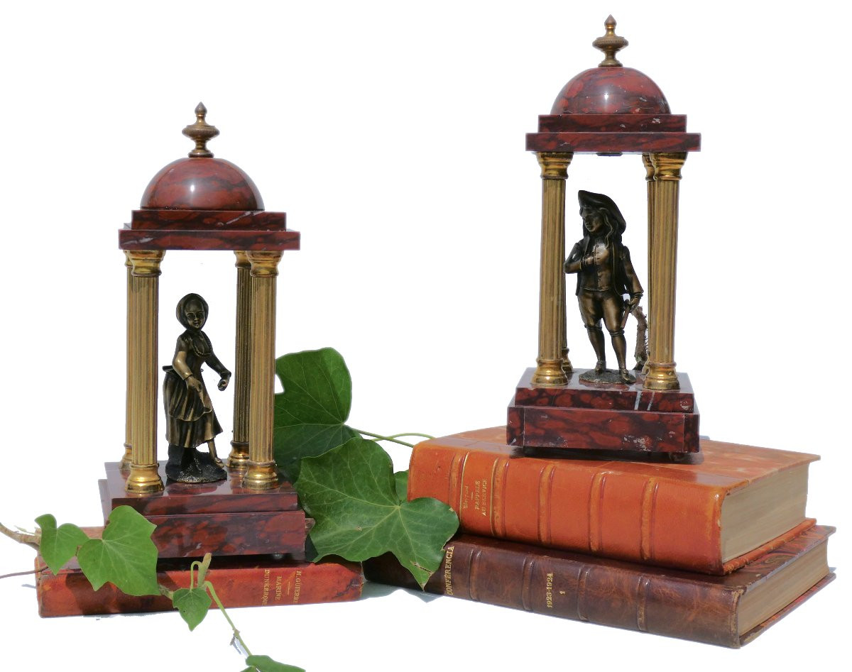 Pair Of Antique Temples, 18th Century Style, Red Marble & Gilt Bronze, 19th Century Tholos, Columns-photo-2